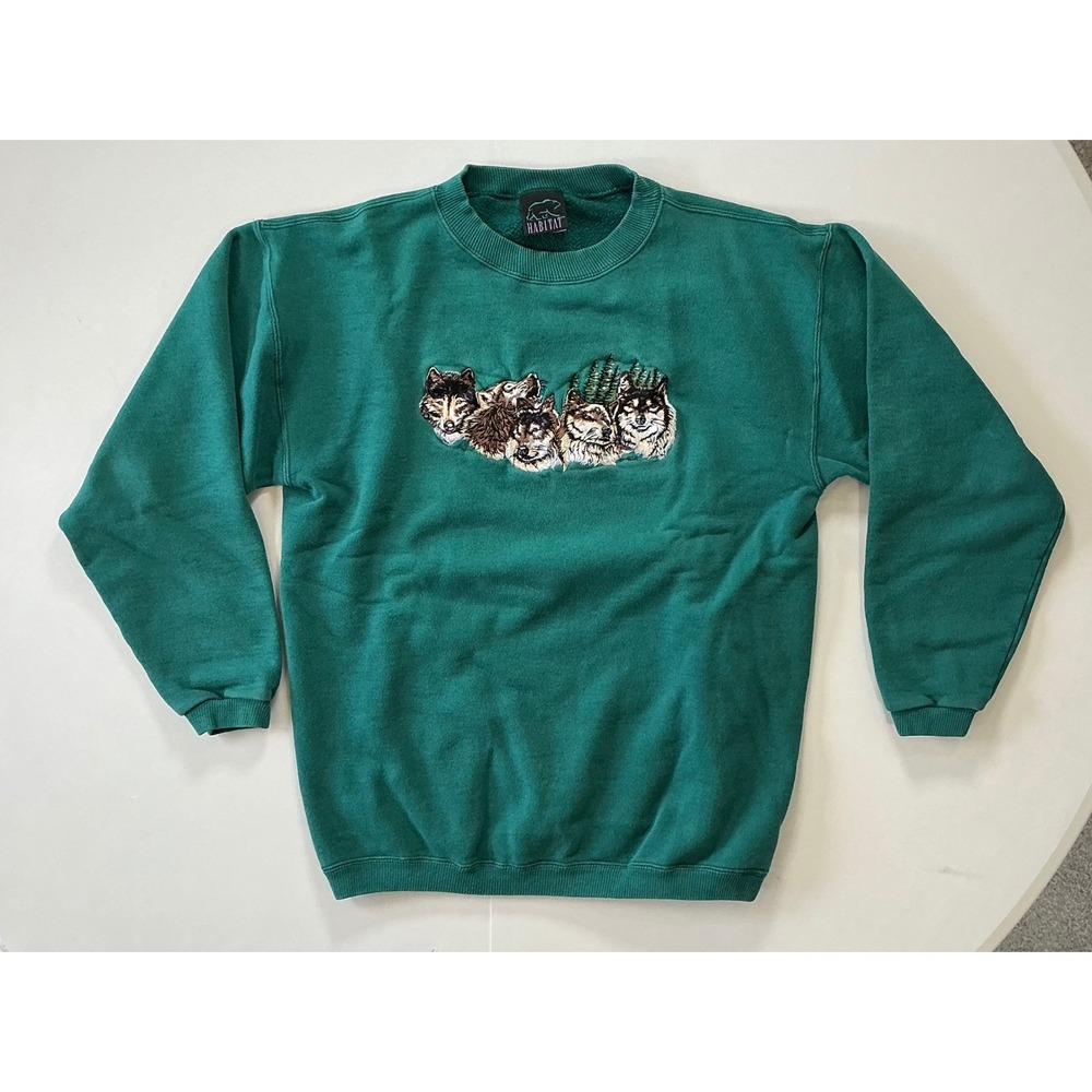 VTG USA Made 90s Habitat Wolf Pack Green Embroidered Gorpcore  Sweatshirt M